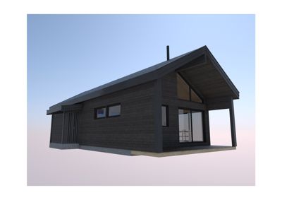 3D-visualisering av en moderne hytte sett fra en vinkel som viser både fasade og sidevegg.