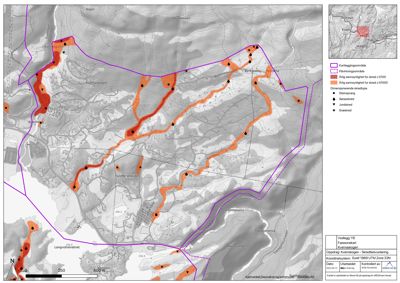 Kart over et kartleggingsområde som viser terrengform, vannløp, skredfareområder og kartlagte punkter (sannsynligvis borehull eller målepunkter).