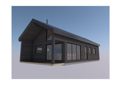 3D-visualisering av en moderne hytte eller villa sett fra siden, med mørk fasade og store glassflater.