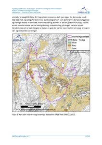 Kart som viser treslag (gran, furu, lauv) i et skredfarevurderingsområde i Kvam, med overlag av skoggrense og topografi.