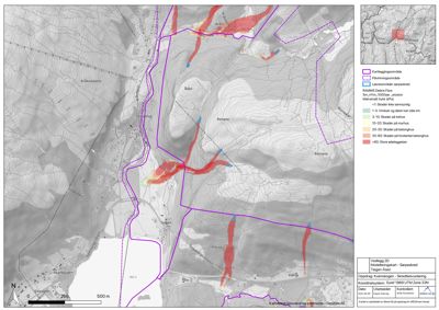 Et kart som viser et terrengområde med overlagte data om skredfare (fargekodet) og planlagt utbygging (lilla linjer).
