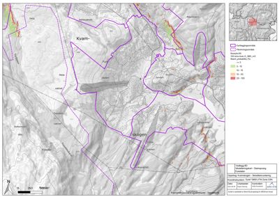 Situasjonsplan med kartleggingsområde, flomkart og topografi for Kvam- og Skogenområdet.