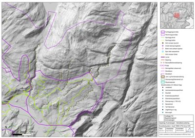 Kart over et terrengområde med overlagte kartleggingsdata, inkludert erosjon, skred og geologi.