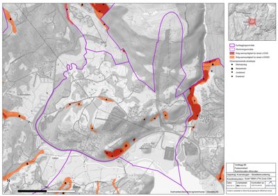 Faresonekart som viser kartleggingsområde, fareområder og sannsynlighet for skred i et område.