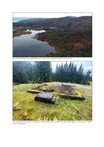 To fotografier av et område ved Løken-Langvatna: øverst et dronebilde over landskapet, nederst et bilde på en grunnmur med rester av steinblokker.