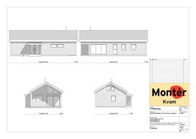 Fasadetegning som viser bygningens utseende fra fire sider (Nord, Sør, Vest, Øst) med skisse av tak, vinduer og fasadepanel.