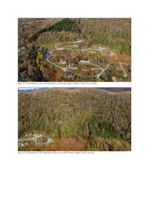 To dronebilder som viser et boligområde (Røyrl) sett fra luften, med beskrivende tekster under hver bilde.