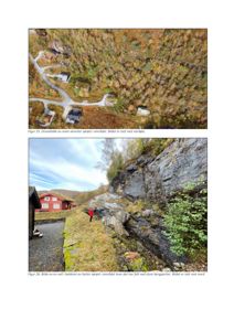 Bildet viser to fotografier fra et byggeområde. Øverste bilde er et dronebilde som viser skrenter og hytter sett fra nordøst. Nedre bilde viser en vegg i bakken med store bergpartier og en person for å gi skala.