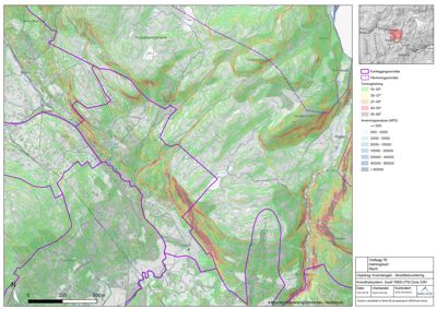 Kart over et område med overlagte data om terrengform (helling, høyde) og planleggingsområder.