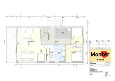Etasjeplan for en fritidsbolig som viser romfordeling, dimensjoner og arealoppdelinger.