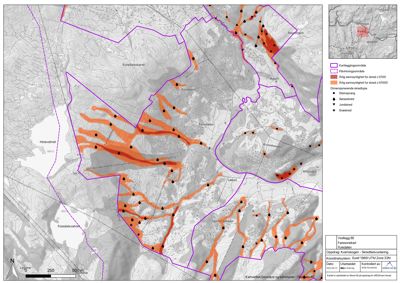 Et kart som viser et område med overlagte data om snøskredfare (kartleggingsområde, fareområder og skredtyper) og topografi.