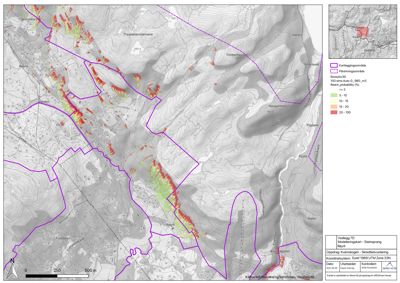 Kart over et område med overlagte data om kartleggingsområder, planleggingsområder og rotskredrisiko (Rotskred 3D).