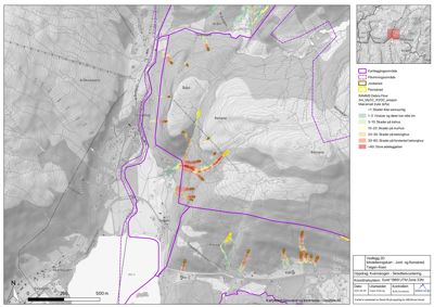 Modelleringsskart som viser jord- og flomskader i et område, med overlagte kartleggings- og planeringsområder.