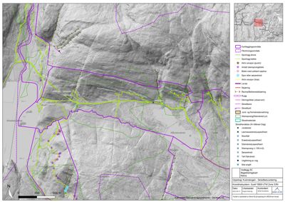Et geologisk kart over et område med overlappende topografiske data, som viser terrengform og geologiske enheter.