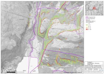 Et kart som viser et kartleggingsområde med overlagte data om rotskred (både sannsynlighet og hastighet).