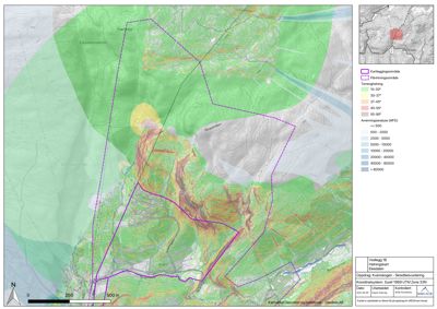 Kart over et hevningsområde med overlagte data om terrengformning, avrenningsarealer og høydeforskjeller.