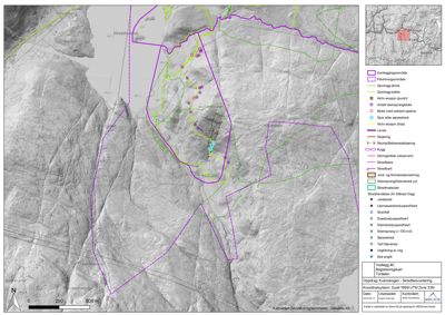 Et kart som viser et område med overlagte data om erosjon, steinras og geologi.
