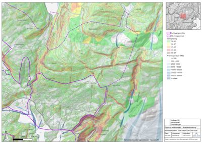 Et topografisk kart som viser terrengform, høydekurver og en markert kartleggingsområde med fargekoding for skråning.