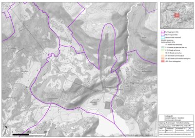 Situasjonsplan som viser et kart over et område med topografi, bebyggelse og planlagte tiltak (karleggingsområde, påvisningsområde, lavrisiko-område) samt snøskredfare (RAMMUS).