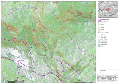 Et kart over et område med topografisk informasjon (høydekurver, terrengform) og overlagte data om kartleggingsområde, pikring og arealverdier.
