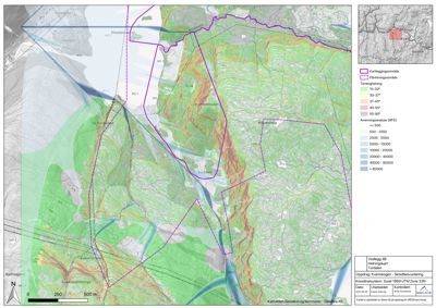 En kartografisk oversikt over et område med overlagte data om terreng, skogdekning og arealforhold.