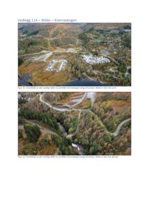 To dronelbilder som viser et terrengområde med skog, veier og en rekke hvite containerblokker (sannsynligvis hytter eller campingplasser) langs Kvernelva.