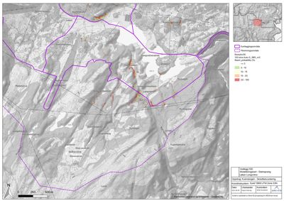 Et kart som viser et modelleringskart for steinsprang i Løken, Langvågen. Kartet inneholder topografi, arealbruk og statistiske data om steinsprang.