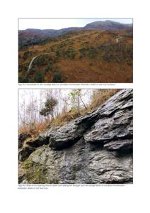 To fotografier av et terrengområde (Kuinnhovden-Alhovden). Øverste bilde viser en droneopptak av landskapet, mens nederste bilde viser en nærbilde av en skjøring i fjellblokken.