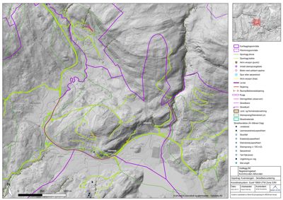 Kart over et område med overlagte kartleggingsdata, inkludert topografi, vegnett og geologiske/geomorfologiske data (f.eks. erosjon, steinskred).