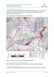 Et kart som viser skredfareområder (fargekodet) og kartleggingsområde (lilla linjer) for Kvamskogen, basert på bakgrunnskart.
