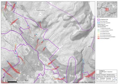 Et kart over et område (Sørpisked) som viser geologiske forhold, skredfare og kartleggingsområder.