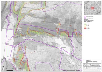 Kart over et område med overlagte data om rotskredfare (fargekoding) og planleggingsområder (lilla linjer).