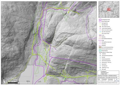 Et kart over et område med overlagte data om erosjon, steinras og geologi.