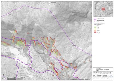 Kart over et karstområde med overlagte data om røyfylling og vannførsel.