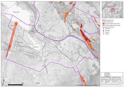 Situasjonsplan som viser kartleggingsområde, skredfare og topografi for et prosjekt ved Måvatnet.