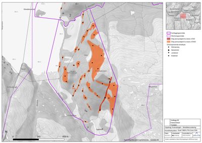 Kart over et område med topografi, kartleggingsområder og dimensjonerende stekesteder.
