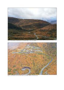To dronebilder (fotografier) av et fjellområde med en vei og en liten bosetning.