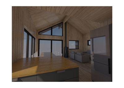 3D-visualisering av et interiør med åpen plan, der kjøkken, spiseområde og stue er synlig. Rommet har trepanel på vegger og tak, store vinduer og moderne møbler.