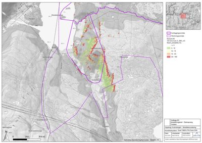 Modelleringsskart som viser et kart over et område med overlagte data om rotskredfare (fargekodet) og definerte kartleggings- og planleggingsområder (lilla linjer).