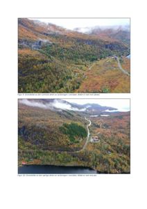 To dronebilder av et skråningsområde med fjell, skog og vei.