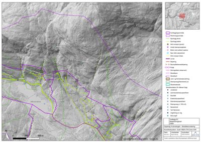 Et kart over et område med overlagte data om erosjon, geologi og infrastruktur.