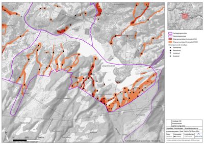 Faresonekart over snøskred- og jordskredfare for et område i Kjemskogen, med kartverksted og koordinatsystem.