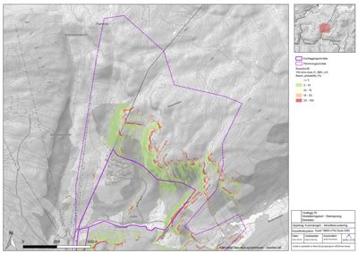 Modelleringsskart (situasjonsplan) som viser et kart over et område med overlagte data om erosjon og vannføring.