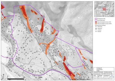 Faresonekart som viser snøskredfareområder (kartleggings-, påvisnings- og fareområde) i Kvam, med overlag av eksisterende bebyggelse.