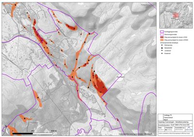 Et kart som viser et kartleggingsområde med overlagte data om skredfare (skredtyper og sannsynlighet).