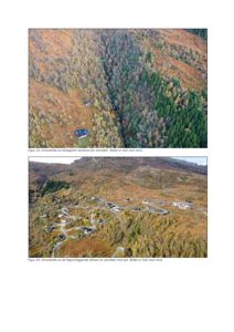 To dronebilder (fotografier) av et fjellområde med skog og noen hytter/veier.