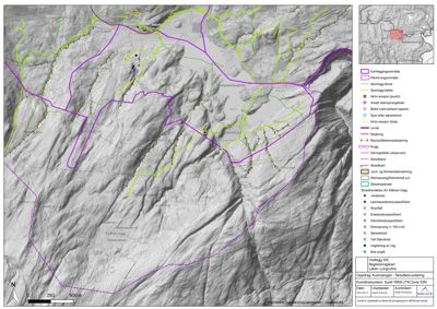Kart over et terrengområde med overlagte kartleggingsdata, inkludert erosjonsspor, skredbaner og geologi.