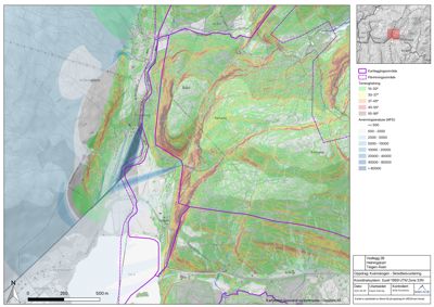 Et kart som viser terrengforhold (topografi) og arealdata for et område, med overlagte grenser for kartleggings- og påvisningsområder.