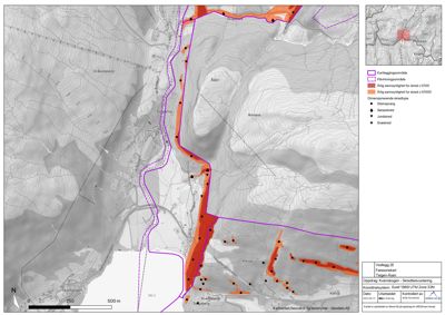 Situasjonskart som viser et kartleggingsområde med overlagte data om skredfare, inkludert skredsporing og jordeløp.