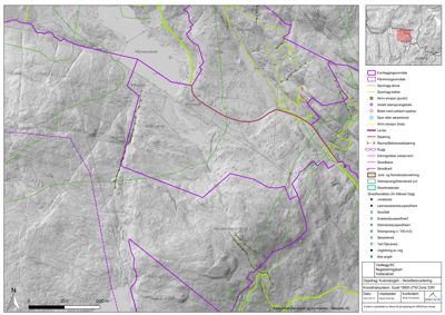 Kart over et kartleggingsområde med overlagte data om erosjon, spor og geologi.